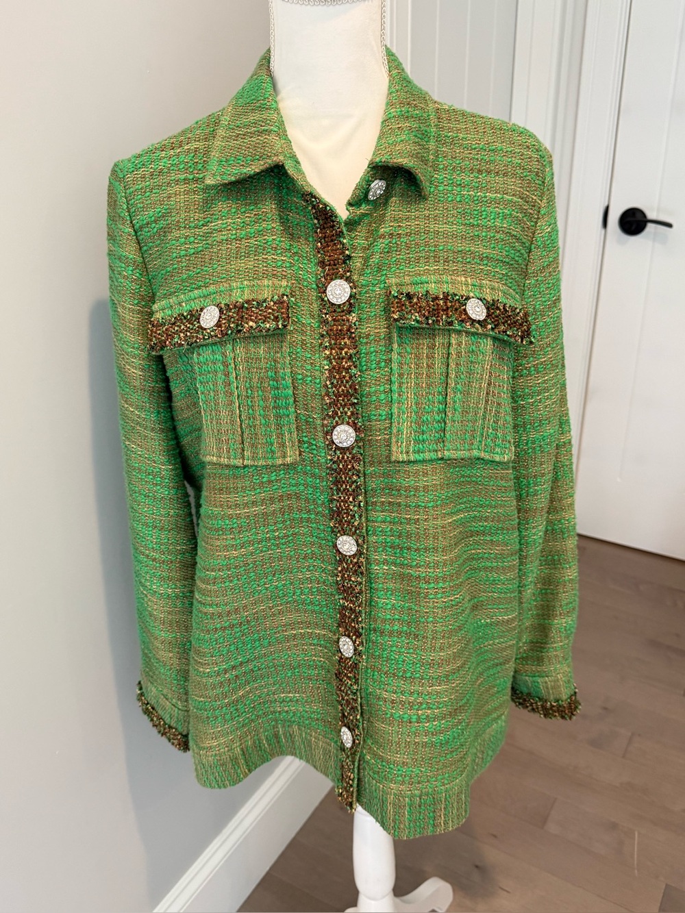 Green Tweed Button-Front Blazer Jacket